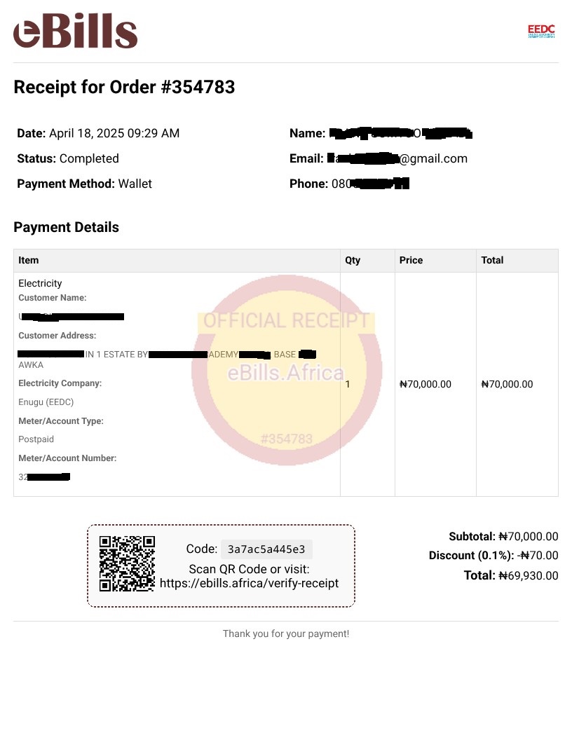 Electricity Bill Payment Receipt