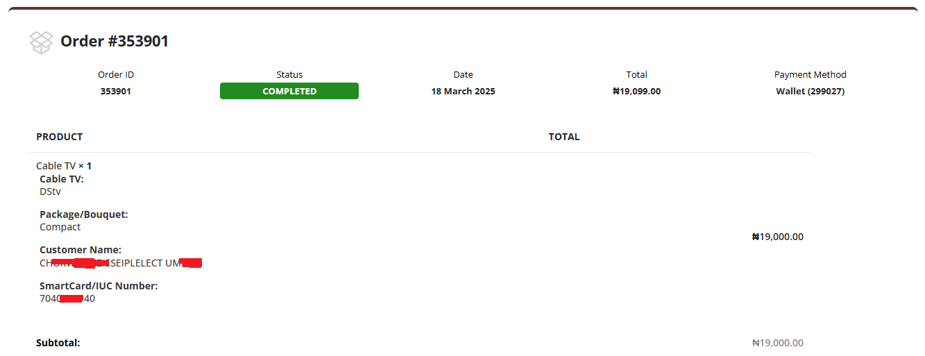 Cable TV Order Confirmation